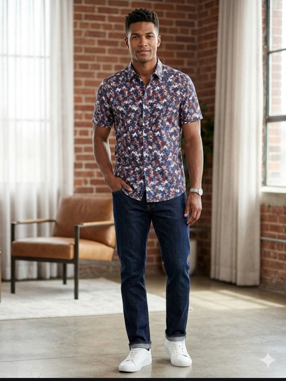 💣3/$15 Perry Ellis Men's Red and Blue Short Sleeve Shirt